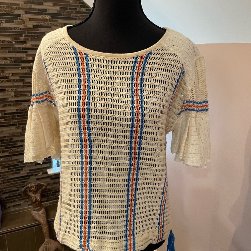 Free People Cream and Blue Boxy Short Sleeve Blouse